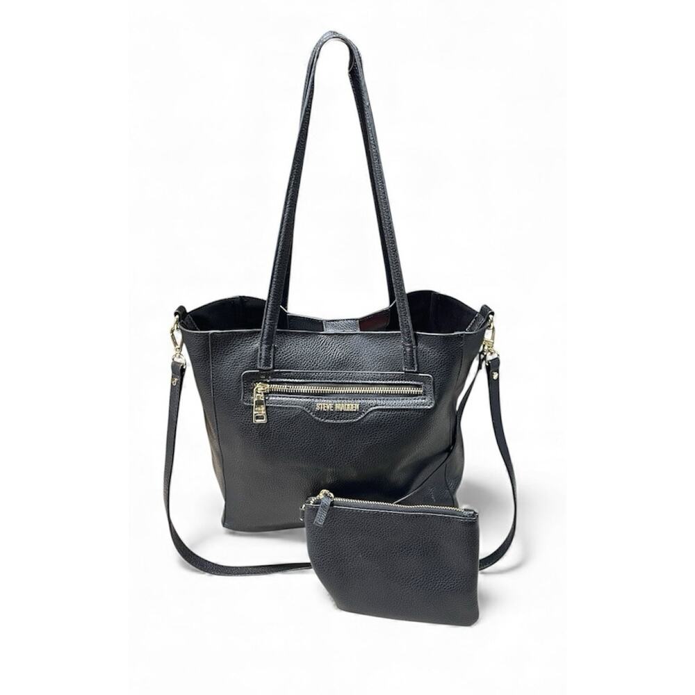 Steve Madden Black Leather Pebbled Tote + Matching Makeup Wristlet-Shoulder Bag
